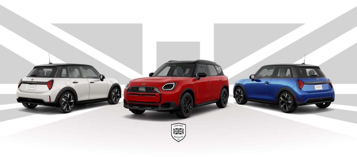 Three MINI Cooper Oxford models; white, red, and blue.