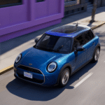 Blue MINI Cooper 4 Door driving through a city